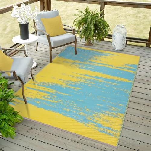 Green Decore Wendbarer Outdoor-Teppich aus recyceltem Kunststoff, perfekt für Garten, Terrasse, Picknick, Terrassendielen, flecken- und wasserabweisend, Liza Aqua Blau und Gelb, 120 x 180 cm