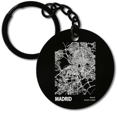 Madrid Spanien Blueprint City Map Art Schlüsselanhänger Gravur Tag Edelstahl Kreis Token, Schwarz , One size