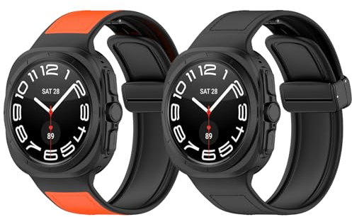 RuenTech Correa para Samsung Galaxy Watch 7 Ultra de 47 mm, silicona de piel, correa de repuesto para Galaxy Watch Ultra 47 mm, accesorio inteligente (Negro+Naranja)