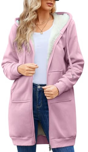 Nadeer Felpe Cappotto Donna Plain Sherpa Peluche Zip Up Medio-Lungo Casual Caldo Pile Coulisse Donna Felpa con Cappuccio Inverno Manica Lunga Giacca con Tasche Outwear(Rosa,L)