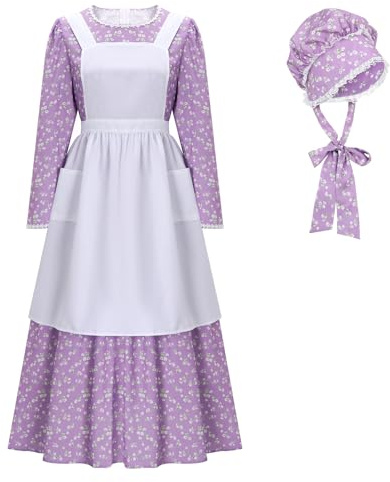 Funhoo Femme Victorienne Costume de Servante Robe à Fleurs Pionnière avec Bonnet et Tablier Vêtements Modestes Robe Coloniale des Prairies Manches Longues (Violet, XL)