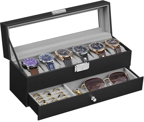 SONGMICS Uhrenbox, Uhrenkasten mit Glasdeckel, 2 Ebenen, für 6 Uhren, abschließbar, 1 Schublade, für Ringe, Armbänder, Geschenkidee, PU-Bezug in Schwarz, Innenfutter in Grau JWB060G01