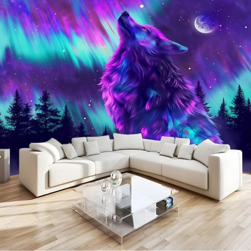 Papier Peint Animaux Loup Lune Violet 200x140 cm 3D Panoramique Murale Salon Papier Peint intissé pour Chambre Salon Personnalisé Décoration Murale