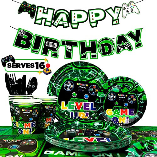 Jeux Vidéo Fête Décorations Fournitures,128pcs Set de Vaisselle de Fête de Jeu Vidéo - Assiettes en Papier de Jeu Vidéo Serviettes Nappes Bannière etc Fournitures de Fête Pour Jeux Vidéo de Garçons