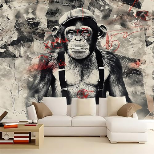 Papier Peints Panoramique Singe Graffiti Street Art Poster Mural Intissé 3D, Noir Muraux Pour Salon Chambre Chambre D'Enfant Décoration Murale 200x140cm