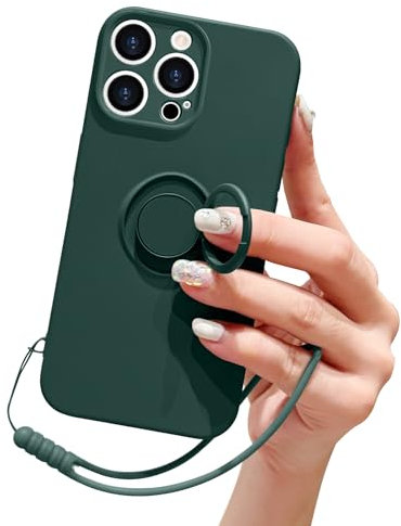 Pepmune Compatible with iPhone 16 Pro Max Case Liquid Silicone with Ring Holder Kickstand Magnetic Car Mount Detachable Wrist Strap Shockproof Soft Protective Cover-Blackish green