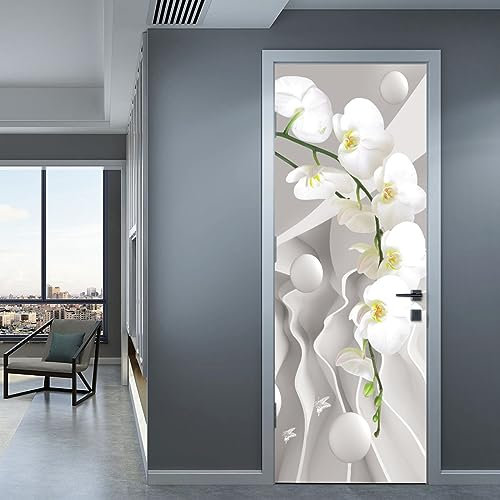 MYIESAXL Türtapete Selbstklebend 90x200 cm Weißse Orchidee Türaufkleber 3D Tür Poster PVC Türtapeten DIY Türbild, Türfolie Poster Türaufkleber für Schlafzimmer Gang Tür, Tür tapeten