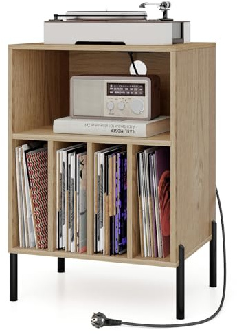 COSTWAY Plattenspieler-Ständer mit Ladestation, Vinylplatten Plattenspielertisch mit Regal & 4 Trennwänden & Metallbeinen, Schallplattenständer Beistelltisch, Wohnzimmer Büro, 53x45x78,5cm (Natur)