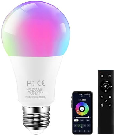 AILEMING LED Glühbirne E27 RGBCW 12W 1000lm, 3000K-6500K Farbtemperatur, Dimmbar 1-100%, mit 2,4GHz Fernbedienung & App-Steuerung