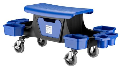 Wiltec Rollsitz bis 150 kg, Werkstatthocker mit Rollen, Rollhocker mit Werkzeugablage und Halterungen, Werkstattstuhl mit versteckter Schublade, Montagehocker mit Rädern