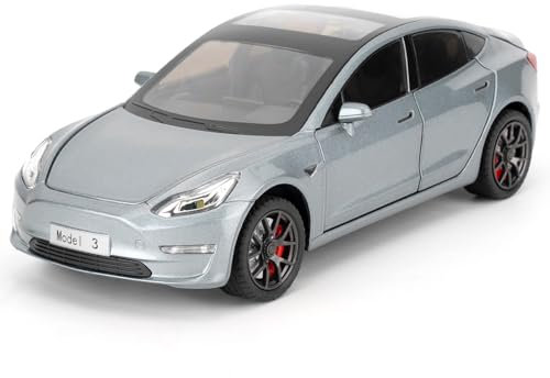 Tesla Model 3 Spielzeugauto, 1/24 Gusslegierung Modellauto, Spielzeugauto mit Sound- und Lichtfunktion und Pull Back Funktion, kann die Tür öffnen Design, Sammlermodell Auto, Geschenk für Kinder(grau)