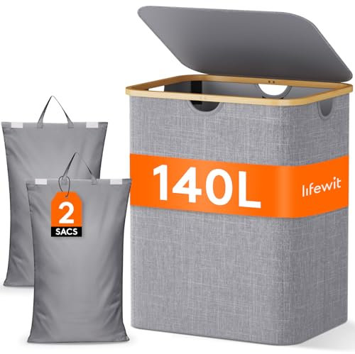 Lifewit Wäschekorb mit Deckel, 140L Große Wäschesammler 2 Fächer, Wäschesäcke, Wäschesortierer, Wäsche Sortieren, Wäschebehälter, für Wäsche, Schlafzimmer, Bad, Hellgrau