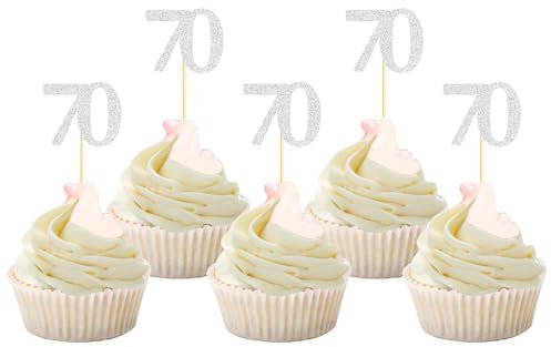 Sotpot 30 Pack Happy 70th Birthday Cupcake Toppers 70 Years Cupcake Decorations for 70th Birthday Anniversary Party Supplies Silver Glitter