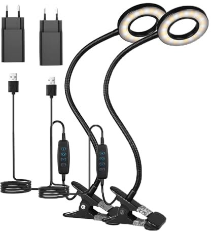 TBTeek LED Klemmleuchten, 48 LED Leselampe Bett Klemmbar, Augenpflege Schreibtischlampe, 3 Modi & 10 Dimmstufen, Klemmleuchte für Büro Heimgebrauch, CE Adapter Enthalten, Schwarz(2 Pack)