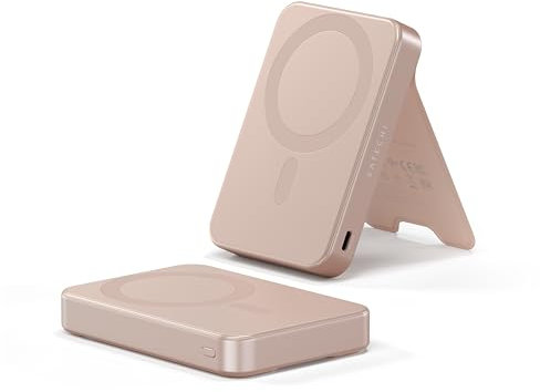 SATECHI OntheGo™ Batería Externa MagSafe 10000mAh con Soporte Plegable, Power Bank Qi2 con Carga Rápida 15W, Batería Portátil con Soporte para Series iPhone 17 16 15 a 12, Android y más – Rose
