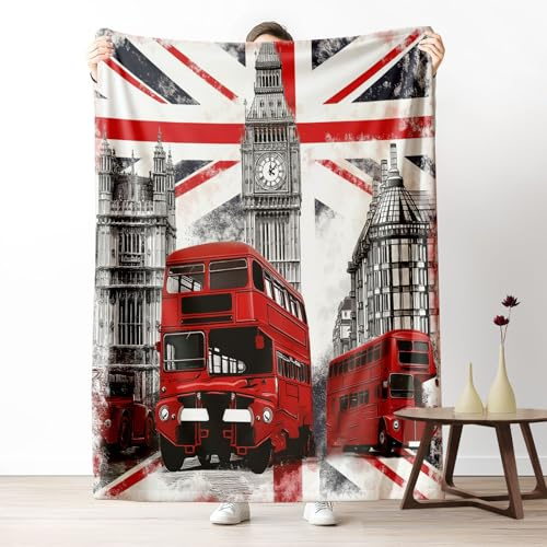 Sshjfeu Union Jack Flagge Sofadecke, Big Ben England Decke 130x170 cm, Jahrgang Bus Architektur Kuscheldecke Flauschig Flanell Warm, Wohndecke Erwachsene Kinder, Frauen Geschenk, Jungen, Mädchen