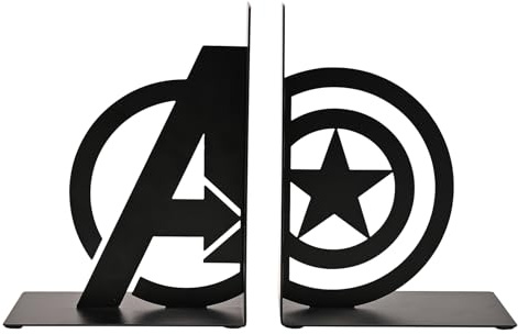 Marvel Avengers Captain America Metal Bookends | Black Metal Decorative Book Holders with Avengers Logo & Star Design – Superhero Shelf Organizer for Books & Comics