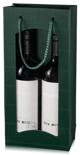 5x Wein Geschenktüte für 2 Flaschen, Dunkel-Grün, hochwertiger Wellkarton mit Sichtfenster & Tragekordel (Grün)