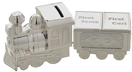 Versilberte Spardose mit Zug, Erste Zähne und Locken, Taufgeschenk, Dampfzug, Sparschwein – Bambino Baby-Andenken Geschenk-Set – Babyparty-Geschenk für Jungen und Mädchen