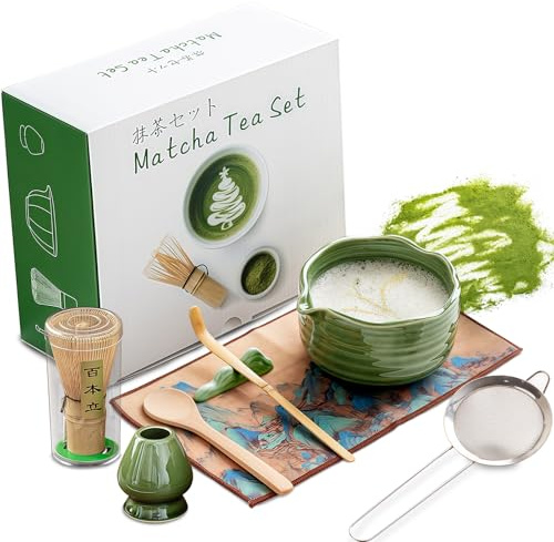 Matcha Set 8 Pcs - Traditional Japanese Matcha Kit with Ceramic Bowl, Bamboo Whisk & Scoop, Sifter & Holder, Complete Matcha Making Kit for Ceremony & Latte