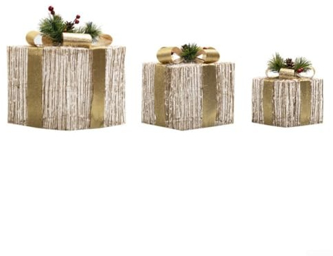 Weihnachts-Leuchtkästen 3er Set mit Plüsch-Außenseite und Metallrahmen mit Timer für festliche Atmosphäre (Gold)