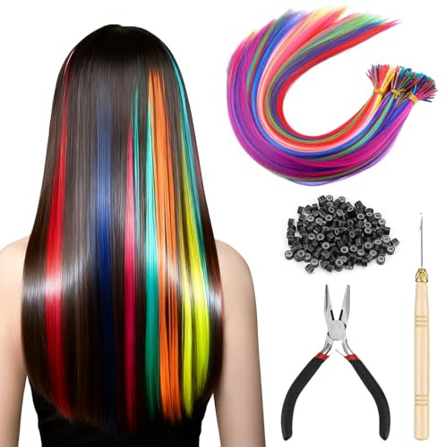 TTYSHIP® 100 Pezzi Extension Capelli Colorati, 50cm Ciocche Colorate per Extension con 1 Pinze, 1 Uncinetto e 100 Anelli per Capelli per Feste e Decorazioni