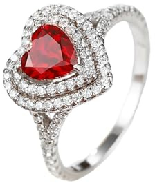 Wycian Ring Damen Personalisiert Wedding Rings White Gold Women 14CT Hohles Herzdesign mit 1,2 CT Laborrubin und Rundem Moissanit Größe 50 (15.9) Beliebt Abschluss Schmuck