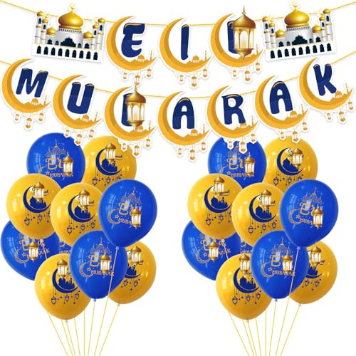 Posoto Eid Dekorationen, Eid Mubarak Banner Wimpelkette mit 20pcs Luftballons - Eid Banner Ballons Dekoration für Zuhause, Eid Dekorationen Umrah Mubarak Party Dekoration