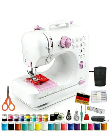 FONCOOD Nähmaschine für Anfänger,Tragbare Elektrische Nähmaschine mit Eingebautem LED-Licht und Fußpedal mit 12 Stichmustern Mini Nähmaschine inkl. Overlock, Weiß-Lila