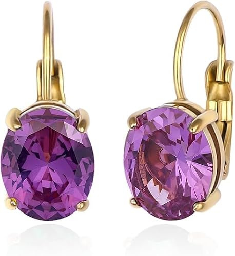 TaYolnFaSo Cut-Oval Amethyst-Ohrring mit Hebelverschluss für Damen, 18 Karat vergoldet, violetter Zirkonia, hängender Tropfen, Geburtsstein für Februar, Schmuck, Geburtstagsgeschenk für Frauen