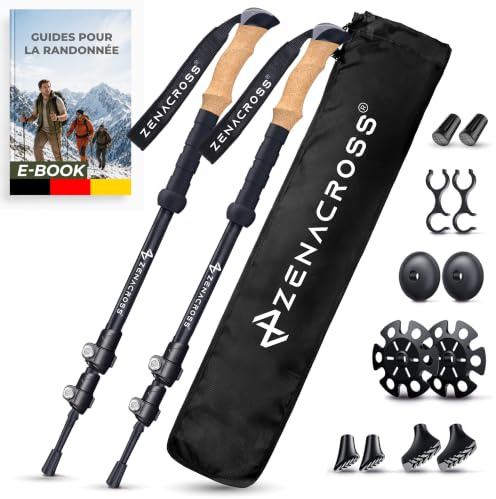 Zenacross® Bastoncini Trekking Telescopici Alluminio - Bastoni Trekking Regolabili per Uomo e Donna, Ultra leggero, con Manico in Sughero Naturale