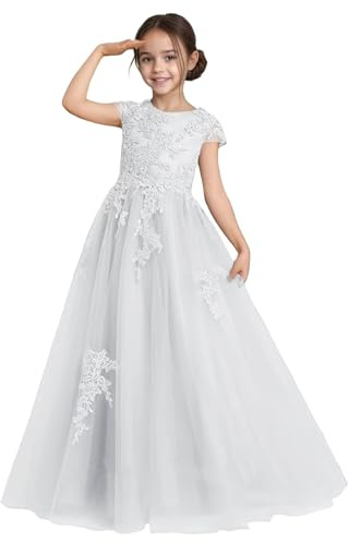 zikusel Tulle Flower Girl Dress for Wedding White Lace Applique Cap Sleeve Long Crew Neck Ball Gowns A-Line Puffy Kids First Communion Formal Dresses