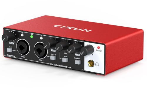 CIXUN Interface Audio 2×2 USB-C, Carte Son Externe pour Studio avec 48V, Interface d'Enregistrement 24 Bit/192 kHz, Double Entrée XLR/TS pour Guitare/Micro,Loopback,Plug & Play pour PC/Mac/iPad(Rouge)