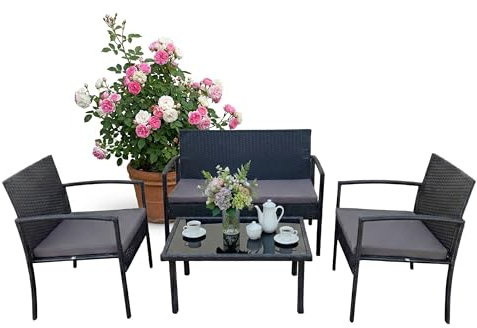 Relaxdays Gartenmöbel Set, 4-TLG. Rattan Sitzgruppe, 4 Personen, Bank, Stühle & Glastisch, Loungemöbel, Outdoor, schwarz