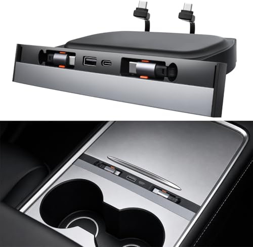 Hub USB para Consola Central Tesla Model Y 2021-2024 y Model 3 2021-2023, Cargador Rápido Multipuerto para Coche con 2 Cables Type-C Retráctiles de 27W, Accesorios Interior Tesla Model 3/Y