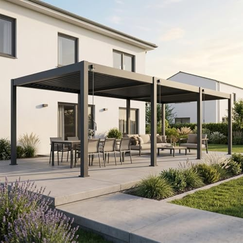Weide Classic Pergola freistehend mit verstellbarem Lamellendach | Witterungsbeständiger Pavillon für Garten & Terrasse mit Handkurbel und integriertem Wasserablauf (anthrazit, 3 x 9)