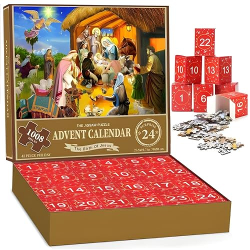 1008 Pieces Jigsaw Nativity Advent Calendar, 24 Days Christmas Countdown Puzzle for Adults