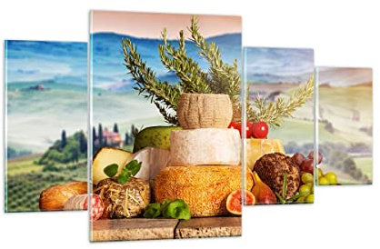 Mehrteilige Bilder auf Glas 160x90cm Glasbild Toskana Käse Obst Italien Groß XXL Wanddeko Schlafzimmer Küche Set 4 teilige Wandbilder Dekoration Wohnzimmer Modern Wand Kunstdruck Art GDL160x90-2902