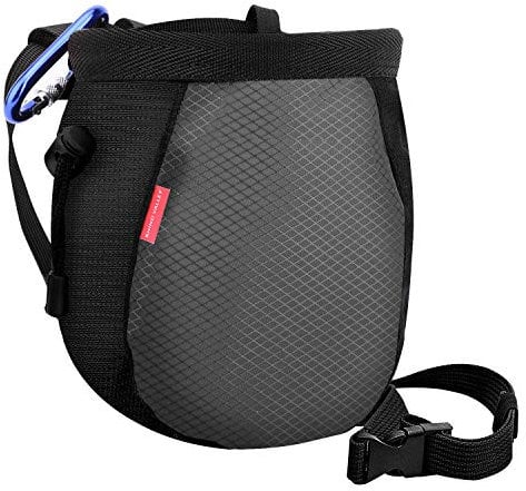 Rhino Valley Klettern Kreide Tasche, Auslaufsicher Kordelzug-Kreidebeutel mit verstellbarem Gürtel, Karabinerhaken und Reißverschluss Chalk Bag für Klettern, Gymnastik & Mehr, Schwarz/Grau