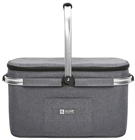 ALLCAMP Cesta Plegable- Cesta Térmica para la Compra con Tapa, Cesta de Picnic Extraíble para 4 Personas,Cesta Térmica Gruesa Cesta Térmica con Marco de Aluminio(Negro Grande)