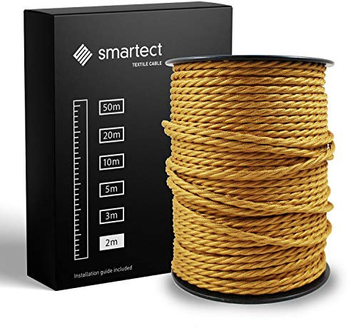 smartect Textilkabel Gold, 2 Meter Vintage Lampenkabel Stoff Gedreht, 3-Adrig (3 x 0.75 mm²) Stromkabel Textilummantelt für eigenes DIY Projekt