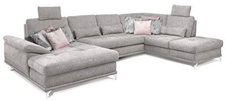 Cavadore Wohnlandschaft Castiel mit Federkern / Großes Schlafsofa in U-Form mit Bettkasten, Sitztiefenverstellung und Kopfstützen / 368 x 114 x 232 / Webstoff, Hellgrau