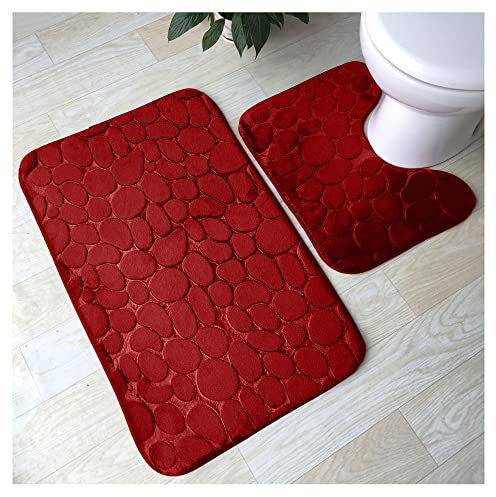 FAIRWAYUK Bathroom Mat Sets 2 Piece - Memory Foam Pedestal Set Non Slip, Super Soft Water Absorbent Toilet Bathroom Rug Sets, Microfibre Large Bathmat (Red)