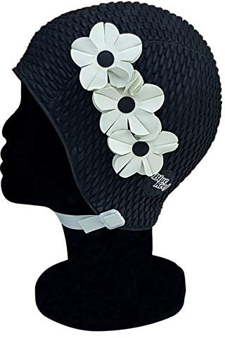 Blue Reef Tunis Bubble singolo colore floreale donna classico retrò 3 fiori 2 colori fila 3D petalo elegante cappello da nuoto vintage taglia unica adulti con cinturino regolabile (nero)