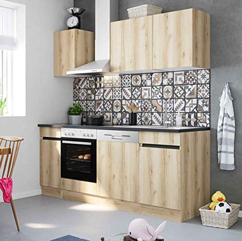 idealShopping GmbH Küchenblock Kaya 210 cm mit Einbauspüle ohne Elektrogeräte in Wildeiche Nachbildung (Geschirrspüler geeignet)