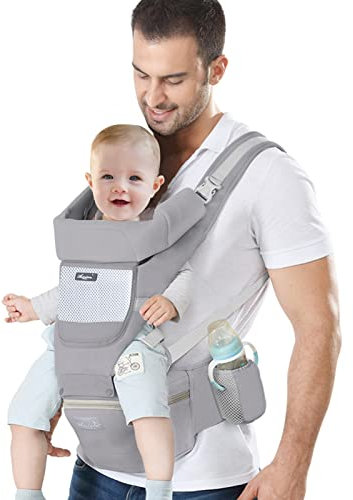 IULONEE Neugeborene Babytrage, Ergonomisch Babytrage mit Hüftsitz Multifunktional Kindertrage Dorsal und Ventral Babyrückentragen für Kleinkinder 3 Monate bis 3 Jahre (3-20kg) Grau