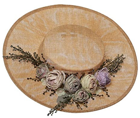 COSDREAMER Chapeau Victorien pour Femmes et Filles - Chapeau Plat à Fleurs Vintage (Beige)