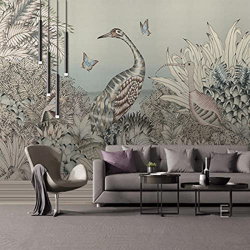 Yimesoy Kundenspezifische Wandtapete Retro Tropischer Regenwald Grauer Kran Vogel Schmetterling Fresko Wohnzimmer Tv Sofa 3D 250Cm(W)×175Cm(H)
