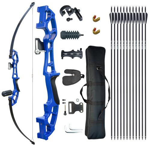 DD&Qarchery Recurve Bogen und Pfeil Set für Erwachsene Anfänger 30-40lb Rechtshänder Jagd Langbogen mit Metall Riser und 12ps Pfeile (30 LBS, Blau)