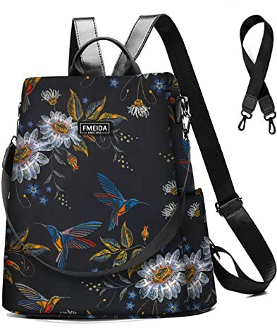 Fmeida Rucksack Damen Anti Diebstahl Nylon Handtaschen Wasserdichte 2 in 1 Schultertasche Casual Daypack Klein Reiserucksack für Frauen Mädchen, Kolibri Muster & Schwarze
